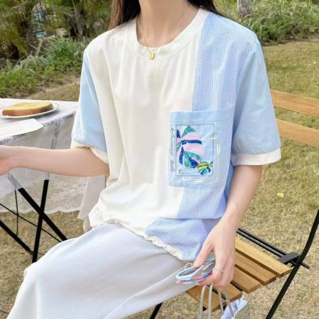 BY12498# 韩国东大门春夏上新设计师款时尚条纹拼接下摆抽绳休闲短袖T恤女 服裝批發女裝批發服飾貨源