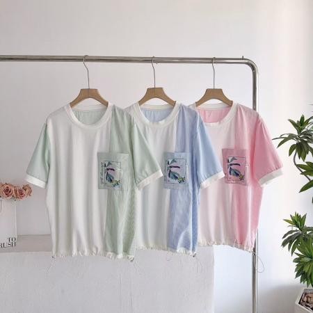 BY12498# 韩国东大门春夏上新设计师款时尚条纹拼接下摆抽绳休闲短袖T恤女 服裝批發女裝批發服飾貨源