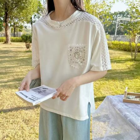 BY12499# 韩国春夏新款短袖女时尚高品质重工钉珠口袋休闲百搭精致上衣T恤 服裝批發女裝批發服飾貨源