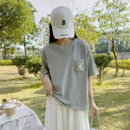 BY12499# 韩国春夏新款短袖女时尚高品质重工钉珠口袋休闲百搭精致上衣T恤 服裝批發女裝批發服飾貨源