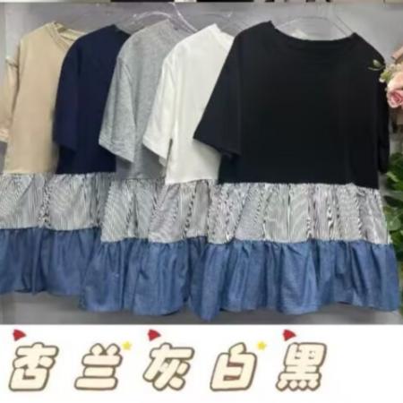 BY12500# 韩国东大门清新荷叶边娃娃衫复古条纹拼百搭圆领接短袖T恤女 服裝批發女裝批發服飾貨源