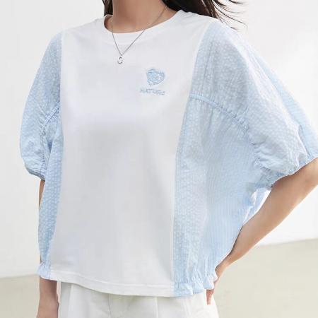 BY12501# 韩国春夏新款时尚休闲撞色拼接刺绣图案宽松短袖T恤上衣女 服裝批發女裝批發服飾貨源