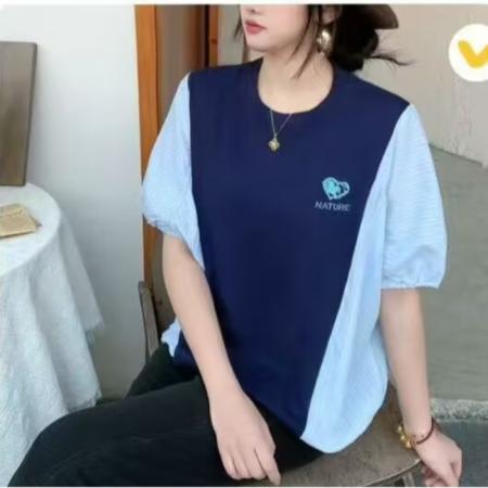 BY12501# 韩国春夏新款时尚休闲撞色拼接刺绣图案宽松短袖T恤上衣女 服裝批發女裝批發服飾貨源