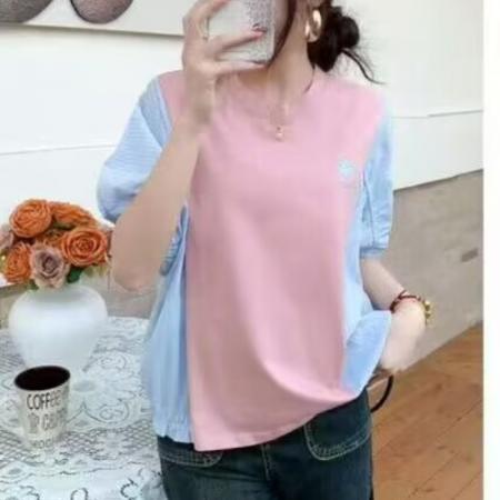 BY12501# 韩国春夏新款时尚休闲撞色拼接刺绣图案宽松短袖T恤上衣女 服裝批發女裝批發服飾貨源