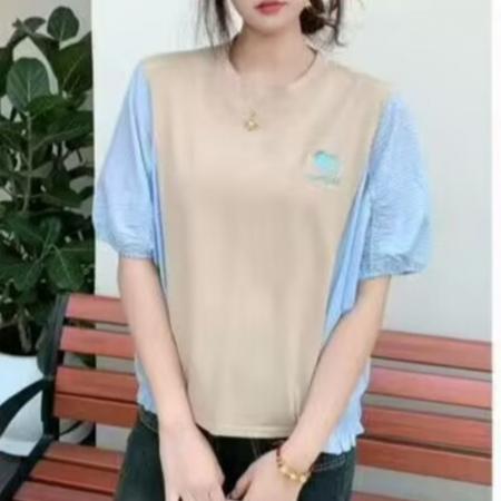 BY12501# 韩国春夏新款时尚休闲撞色拼接刺绣图案宽松短袖T恤上衣女 服裝批發女裝批發服飾貨源