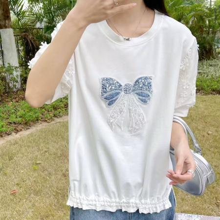 BY12502# 白色蝴蝶结重工钉珠短袖T恤女春夏欧货时尚百搭款设计感纯棉上衣 服裝批發女裝批發服飾貨源