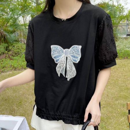BY12502# 白色蝴蝶结重工钉珠短袖T恤女春夏欧货时尚百搭款设计感纯棉上衣 服裝批發女裝批發服飾貨源