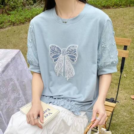 BY12502# 白色蝴蝶结重工钉珠短袖T恤女春夏欧货时尚百搭款设计感纯棉上衣 服裝批發女裝批發服飾貨源