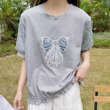 BY12502# 白色蝴蝶结重工钉珠短袖T恤女春夏欧货时尚百搭款设计感纯棉上衣 服裝批發女裝批發服飾貨源