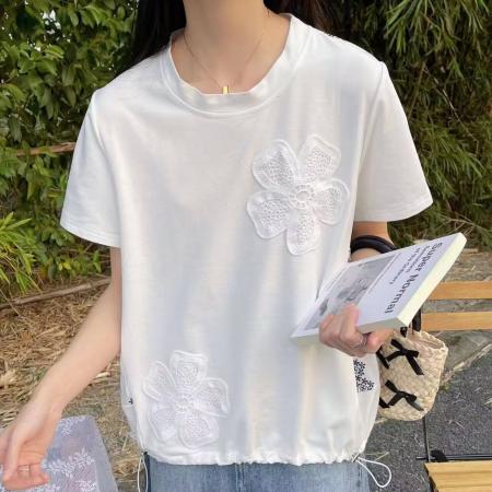 BY12503# 日韩春夏新款女士时尚蕾丝花柄甜美雅致圆领下摆抽绳短袖上衣 服裝批發女裝批發服飾貨源