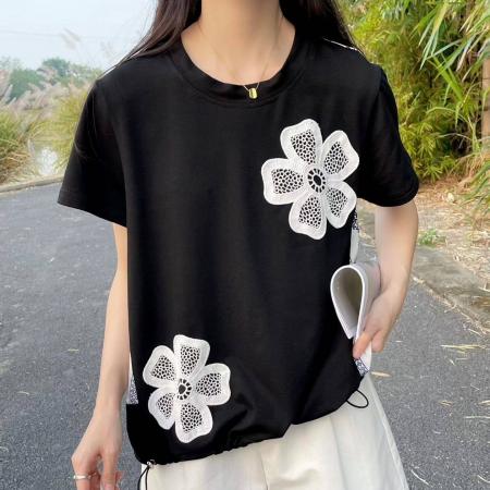 BY12503# 日韩春夏新款女士时尚蕾丝花柄甜美雅致圆领下摆抽绳短袖上衣 服裝批發女裝批發服飾貨源