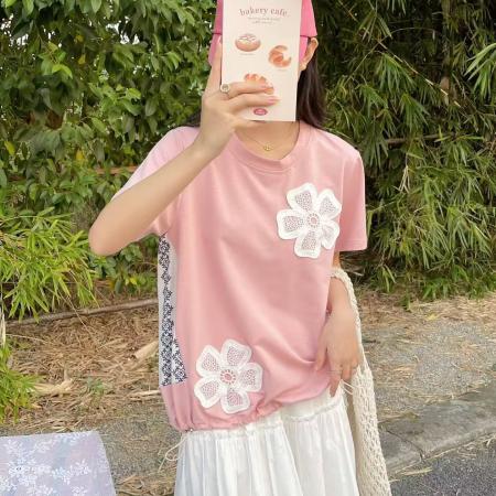 BY12503# 日韩春夏新款女士时尚蕾丝花柄甜美雅致圆领下摆抽绳短袖上衣 服裝批發女裝批發服飾貨源