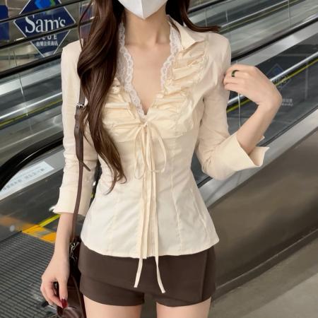 BY12504# 新品绑带收腰抽绳褶皱衬衫 服裝批發女裝批發服飾貨源