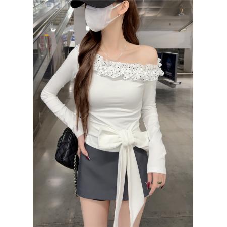 BY12506# 斜肩木耳边甜美长袖T恤收腰显瘦高弹 服裝批發女裝批發服飾貨源