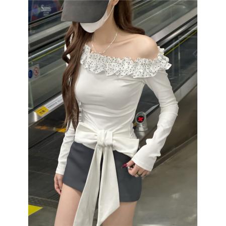 BY12506# 斜肩木耳边甜美长袖T恤收腰显瘦高弹 服裝批發女裝批發服飾貨源