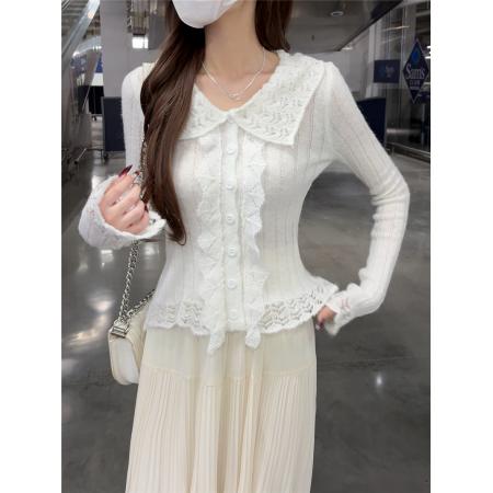 BY12507# 复古风polo领木耳花边毛衣气质小翻领针织开衫女 服裝批發女裝批發服飾貨源