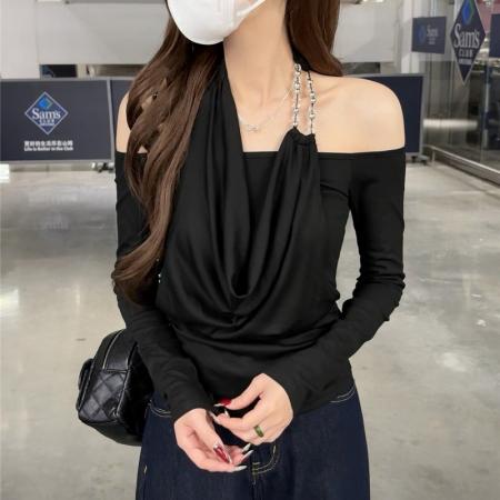 BY12509# 水钻挂脖荡领基础上衣秋季白月光纯欲长袖T恤女 服裝批發女裝批發服飾貨源