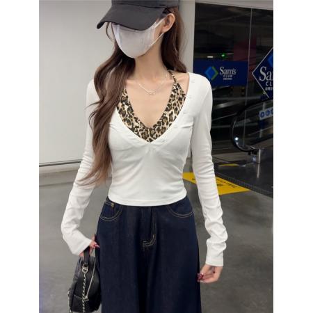BY12510# 美式复古豹纹拼接挂脖长袖T恤新款性感辣妹显瘦上衣 服裝批發女裝批發服飾貨源