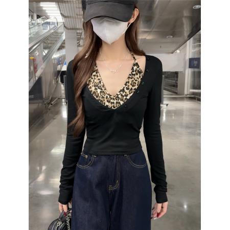 BY12510# 美式复古豹纹拼接挂脖长袖T恤新款性感辣妹显瘦上衣 服裝批發女裝批發服飾貨源