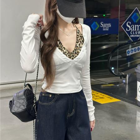 BY12510# 美式复古豹纹拼接挂脖长袖T恤新款性感辣妹显瘦上衣 服裝批發女裝批發服飾貨源