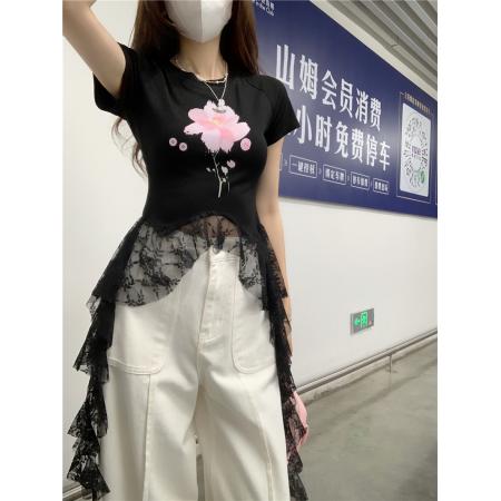 BY12511# 拼接蕾丝边飘带印花T恤女修身百搭短袖甜辣小上衣 服裝批發女裝批發服飾貨源