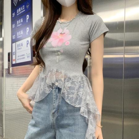 BY12511# 拼接蕾丝边飘带印花T恤女修身百搭短袖甜辣小上衣 服裝批發女裝批發服飾貨源