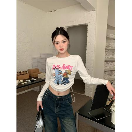 BY12513# 美式复古卡通印花抽绳短款长袖上衣 服裝批發女裝批發服飾貨源