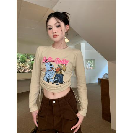 BY12513# 美式复古卡通印花抽绳短款长袖上衣 服裝批發女裝批發服飾貨源