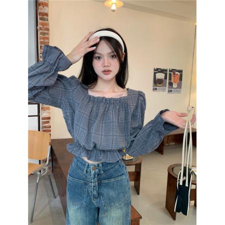 BY12515# 格子方领衬衣灯笼袖短款上衣 服裝批發女裝批發服飾貨源