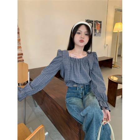 BY12515# 格子方领衬衣灯笼袖短款上衣 服裝批發女裝批發服飾貨源