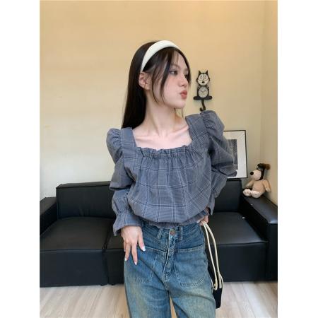 BY12515# 格子方领衬衣灯笼袖短款上衣 服裝批發女裝批發服飾貨源