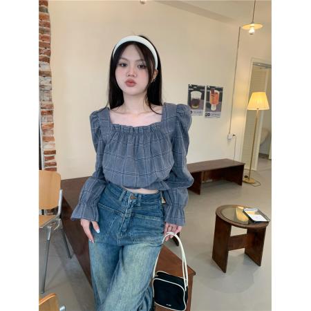 BY12515# 格子方领衬衣灯笼袖短款上衣 服裝批發女裝批發服飾貨源
