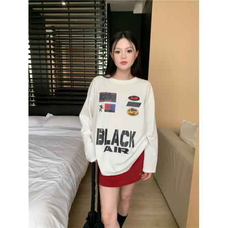 BY12516# 美式复古撞色字母印花宽松圆领上衣 服裝批發女裝批發服飾貨源