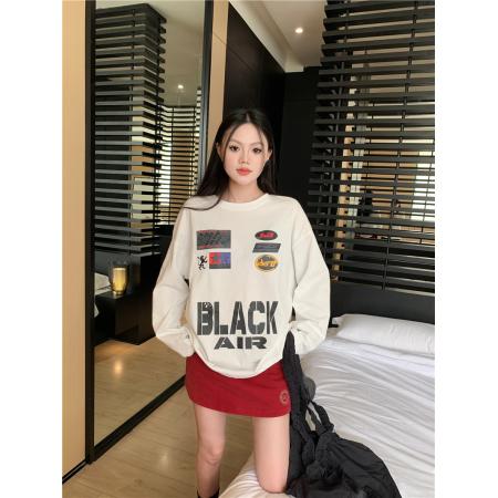 BY12516# 美式复古撞色字母印花宽松圆领上衣 服裝批發女裝批發服飾貨源