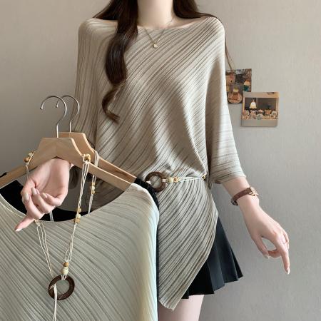 BY12518# 夏季新款一字肩法式腰带冰丝针织衫大码百搭透气显瘦上衣 服裝批發女裝批發服飾貨源