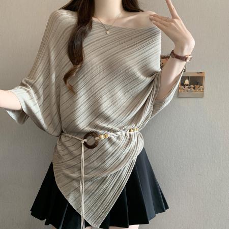 BY12518# 夏季新款一字肩法式腰带冰丝针织衫大码百搭透气显瘦上衣 服裝批發女裝批發服飾貨源