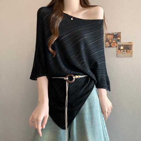 BY12518# 夏季新款一字肩法式腰带冰丝针织衫大码百搭透气显瘦上衣 服裝批發女裝批發服飾貨源