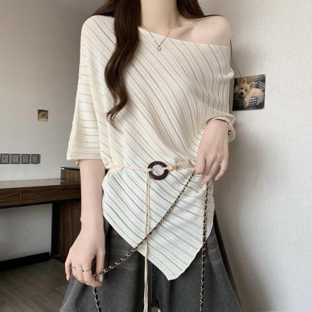 BY12518# 夏季新款一字肩法式腰带冰丝针织衫大码百搭透气显瘦上衣 服裝批發女裝批發服飾貨源