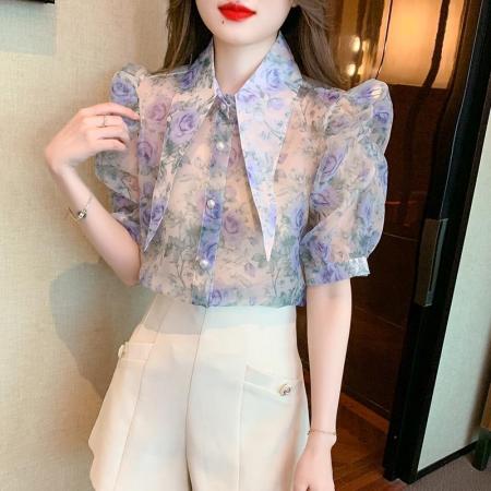 BY12519# 夏季新款短袖印花雪纺衫女士大码遮肚子百搭小衫女 服裝批發女裝批發服飾貨源