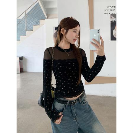 BY12520# 碎花网纱拼接长袖t恤女春季新款纯欲风修身显瘦短款辣妹上衣 服裝批發女裝批發服飾貨源