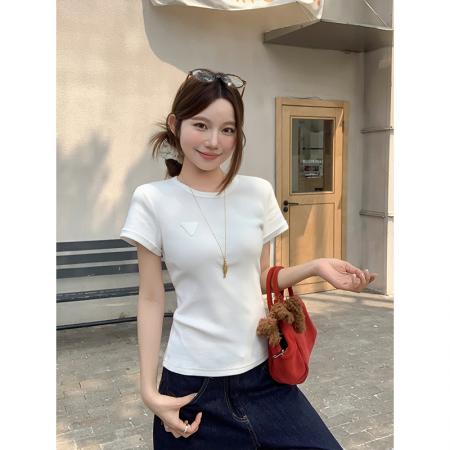 BY12521# 韩系圆领短袖t恤女夏季新款三角标修身显瘦百搭通勤打底上衣 服裝批發女裝批發服飾貨源