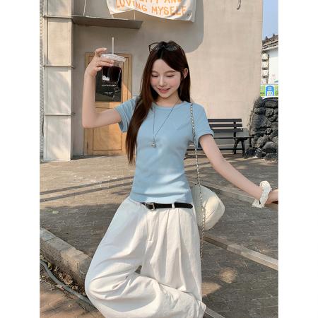 BY12521# 韩系圆领短袖t恤女夏季新款三角标修身显瘦百搭通勤打底上衣 服裝批發女裝批發服飾貨源