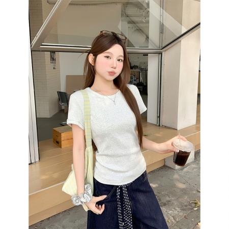 BY12521# 韩系圆领短袖t恤女夏季新款三角标修身显瘦百搭通勤打底上衣 服裝批發女裝批發服飾貨源