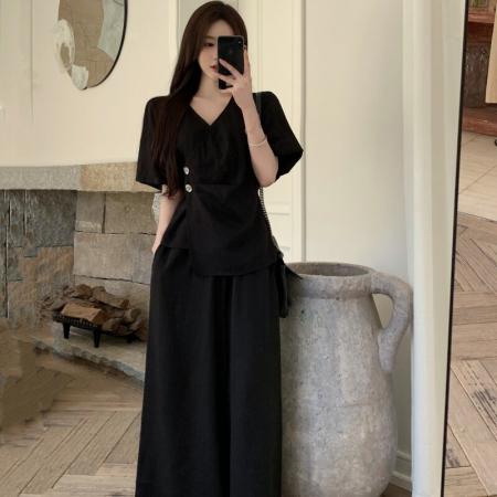 BY12523# 大码时尚高级感套装女夏季气质赫本风上衣胖MM显瘦阔腿裤子两件套 服裝批發女裝批發服飾貨源