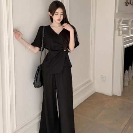 BY12523# 大码时尚高级感套装女夏季气质赫本风上衣胖MM显瘦阔腿裤子两件套 服裝批發女裝批發服飾貨源