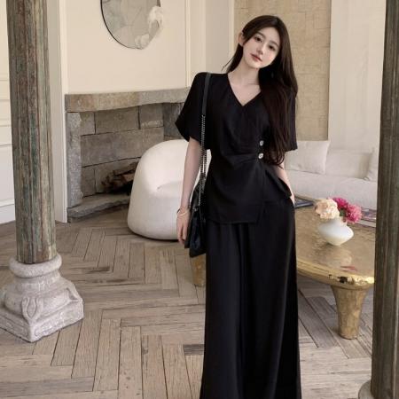 BY12523# 大码时尚高级感套装女夏季气质赫本风上衣胖MM显瘦阔腿裤子两件套 服裝批發女裝批發服飾貨源