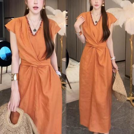 BY12527# 天丝亚麻纯色套头收腰不褪色夏装连衣裙显瘦高腰 服裝批發女裝批發服飾貨源