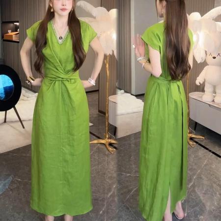 BY12527# 天丝亚麻纯色套头收腰不褪色夏装连衣裙显瘦高腰 服裝批發女裝批發服飾貨源