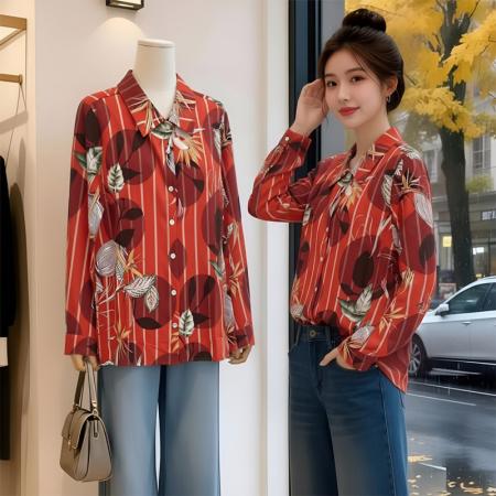 BY12534# 春季ins潮女装花衬衫港风长袖衬衣日系沙滩度假薄款 服裝批發女裝批發服飾貨源