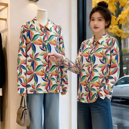 BY12535# 春季ins潮女装花衬衫港风长袖衬衣日系沙滩度假薄款 服裝批發女裝批發服飾貨源